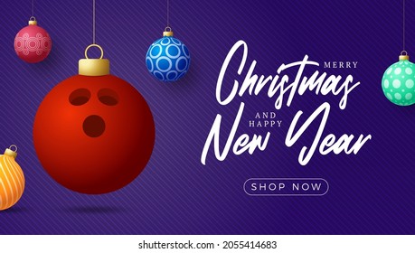 bowling Christmas card. Merry Christmas sport greeting card. Hang on a thread bowling ball as a xmas ball and colorful bauble on purple horizontal background. Sport Vector illustration.