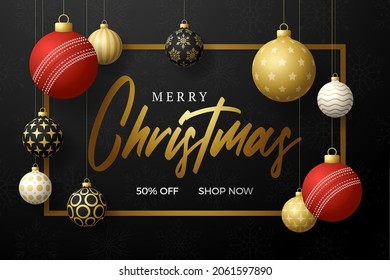 bowling Christmas card. Merry Christmas sport greeting card. Hang on a thread bowling ball as a xmas ball and golden bauble on black horizontal background. Sport Vector illustration.