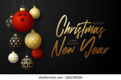 bowling Christmas card. Merry Christmas sport greeting card. Hang on a thread bowling ball as a xmas ball and golden bauble on black horizontal background. Sport Vector illustration.