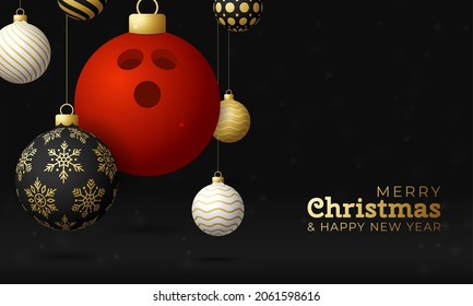 bowling Christmas card. Merry Christmas sport greeting card. Hang on a thread bowling ball as a xmas ball and golden bauble on black horizontal background. Sport Vector illustration.