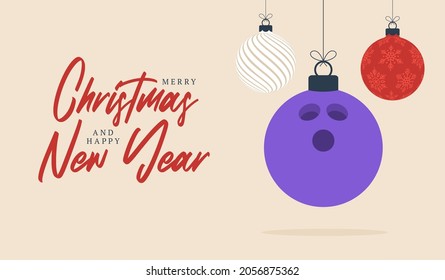 bowling christmas greeting card. Merry Christmas and Happy New Year flat cartoon Sports banner. bowling ball as a xmas ball on background. Vector illustration.