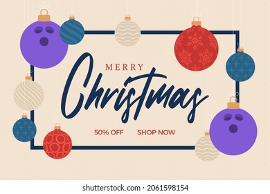 bowling christmas greeting card. Merry Christmas and Happy New Year flat cartoon Sports banner. bowling ball as a xmas ball on background. Vector illustration.