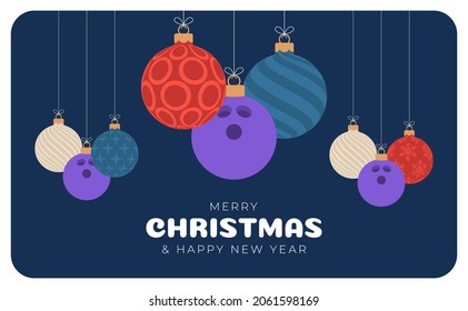 bowling christmas greeting card. Merry Christmas and Happy New Year flat cartoon Sports banner. bowling ball as a xmas ball on background. Vector illustration.