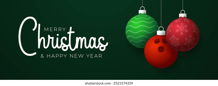 bowling Christmas Greeting card. Merry Christmas and happy new year sport greeting card. Hang on a thread green and red xmas ball bauble on green on background. Sport Vector illustration.