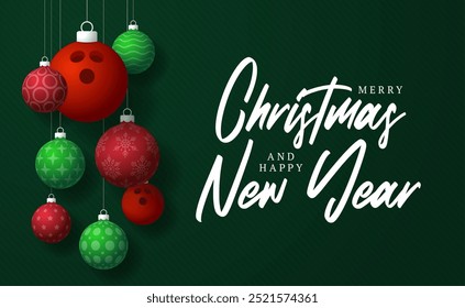 bowling Christmas Greeting card. Merry Christmas and happy new year sport greeting card. Hang on a thread green and red xmas ball bauble on green on background. Sport Vector illustration.