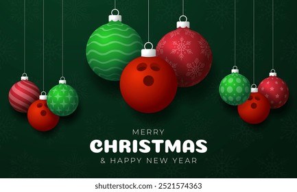 bowling Christmas Greeting card. Merry Christmas and happy new year sport greeting card. Hang on a thread green and red xmas ball bauble on green on background. Sport Vector illustration.