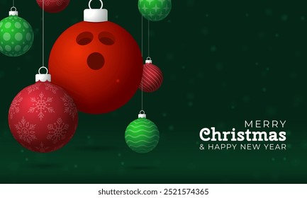 bowling Christmas Greeting card. Merry Christmas and happy new year sport greeting card. Hang on a thread green and red xmas ball bauble on green on background. Sport Vector illustration.