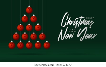 bowling Christmas Greeting card. Merry Christmas and happy new year sport greeting card. Hang on a thread green and red xmas ball bauble on green on background. Sport Vector illustration.