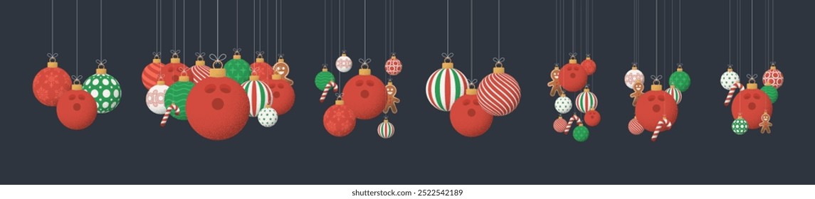 bowling Christmas Greeting grainy ball set. Group of Merry Christmas and happy new year sport retro Hang on a thread xmas ball bauble with grainy noise.