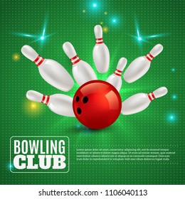 Bowling club 3d composition hitting ball on pins on green background with flashes and sparks vector illustration