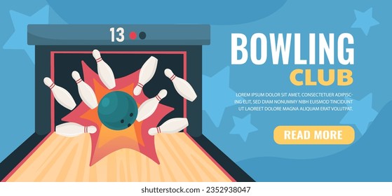 Bowling club advertising poster. Skittles and ball at wooden road. Active lifestyle and sports. Entertainment and fun, leisure. Template, layout and mock up. Cartoon flat vector illustration