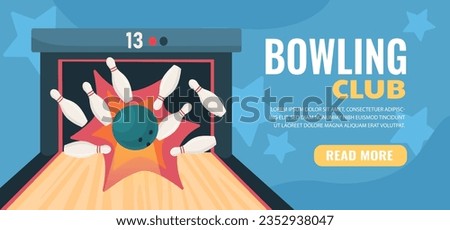 Bowling club advertising poster. Skittles and ball at wooden road. Active lifestyle and sports. Entertainment and fun, leisure. Template, layout and mock up. Cartoon flat vector illustration