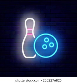 Bowling club. Ball and pin neon icon. Strike winning. Sport tournament sign. Vector stock illustration