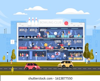 Bowling club building interior. People going bowling at game zone, spending time in the bar and choosing bowling shoes. Flat vector illustration