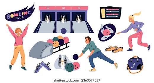 Bowling club elements. Cartoon players. Happy bowlers. Alleys and skittles. People throwing balls. Game competition. Shoes and electronic scoreboard. Knocking out pins