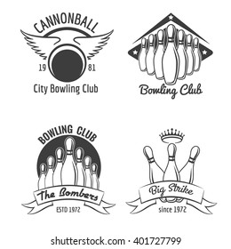 Bowling club emblem set. Vintage tournament icons. Vector illustration