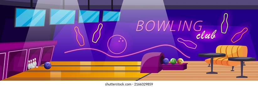 Bowlingstreik Poster. Violetball traf die Stifte auf der Bowlingbahn. Vorlage für Banner des Sportwettbewerbs oder des Turniers. Lichtstrahlen auf Schildern. Flyer, Logo Bowling Club. Vektorgrafik