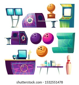 Bowling club equipment icons, design elements set isolated on white background. Balls, skittle, score monitor, counter desk with PC, golden trophy, coffee table, cups, sofa Cartoon vector illustration