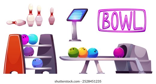 Bowling club equipment set isolated on white background. Vector cartoon illustration of sports center interior design elements, balls and pins, score screen, neon light wall decoration, active leisure