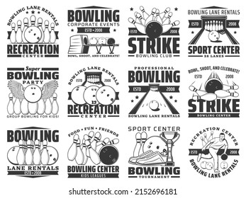 Bowling Club Symbole, Ball-und Pin-Streik Sport-Spiel-Center Vektorsymbole. Bowlingsport Freizeit und Kinder Freizeit, Gassen-und Ausrüstungsvermietung, Bälle und Skittelstifte Streik