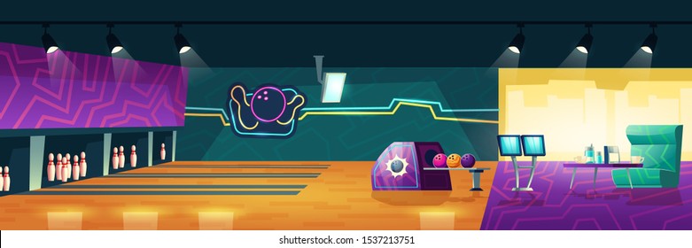 Bowling club interior with alleys, balls, pins, coffee table and scoreboard screens. Empty area with skittles on lane and neon glowing illumination, place for entertainment Cartoon vector illustration