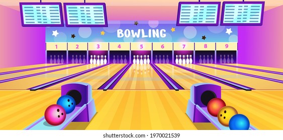 Bowling club interior with bowling alleys, pins and balls in cartoon style. Vector illustration.