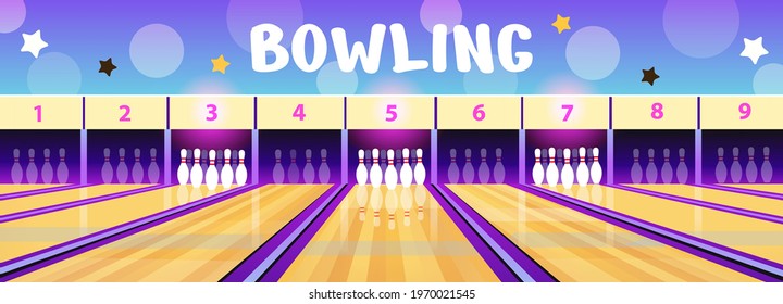 Bowling club interior with bowling alleys and pins  in cartoon style. Vector illustration. Concept background for flyers.