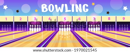 Bowling club interior with bowling alleys and pins  in cartoon style. Vector illustration. Concept background for flyers.