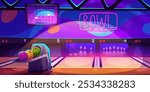 Bowling club interior design. Vector cartoon illustration of sports center with balls on shelf, pins on alleys, score screen on ceiling, neon illumination decor on wall, active leisure, weekend fun