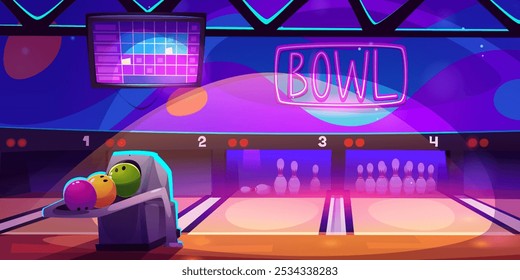 Bowling club interior design. Vector cartoon illustration of sports center with balls on shelf, pins on alleys, score screen on ceiling, neon illumination decor on wall, active leisure, weekend fun