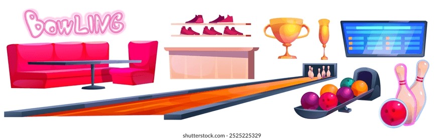 Bowling club interior elements. Cartoon vector set of indoor game and leisure objects - alley with skittles, balls and tournament scoreboard screen, counter and player shoe on rack, winner cups.