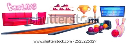 Bowling club interior elements. Cartoon vector set of indoor game and leisure objects - alley with skittles, balls and tournament scoreboard screen, counter and player shoe on rack, winner cups.