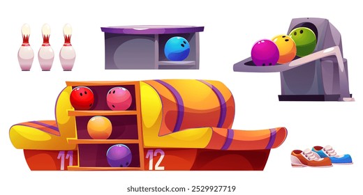 Equipo interior del club de bolos: zapatos y alfileres para jugadores, sofá amarillo y bolas de cuenco de colores a cambio, pinsetter de mecanismo, mesa de mostrador. Conjunto de Ilustración vectorial de dibujos animados de Elementos de juego de equipo de interior.