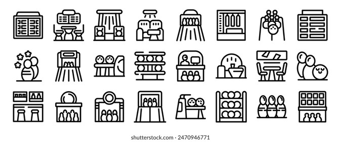 Bowling club interior icons outline set vector. A series of black and white icons depicting various scenes of a restaurant. The icons include a dining table, chairs, a refrigerator, a microwave