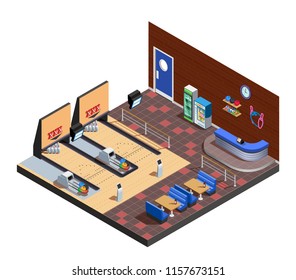 Bowling club interior isometric composition with game zone cafe and rack of administrator vector illustration