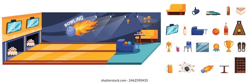 Bowling club interior vector. A bowling alley with a fire ball in the air. The bowling alley has a TV and a bar