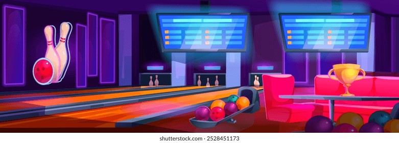 Bowling club interior. Vector cartoon illustration of sports center with balls and pins on alleys, golden cup trophy on table, score screens on wall with neon illumination, leisure championship