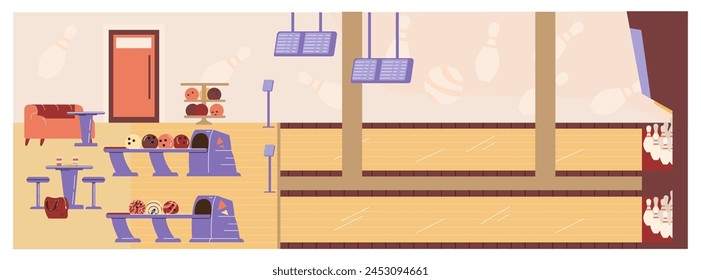 Bowling club interior. Vector illustration of an equipped indoor bowling room with lanes, pins and balls, ideal for a sports theme in a flat style. A fun way to spend your leisure time.