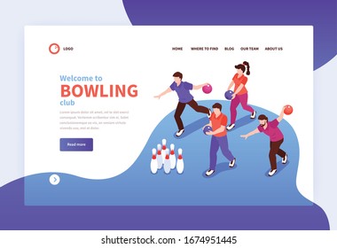 Bowling club isometric landing page welcoming new members with competing bowlers knocking down pins banner vector illustration 