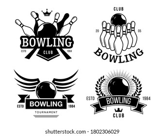 Bowling club labels set. Monochrome emblem templates with text, ball, pins, bowling team symbols in retro style. Vector illustrations for entertainment, hobby, leisure concepts