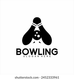 Bowling Club Logo Design mit Buchstabe A Konzept. Darstellung einer Bowlingkugel, Bowlingstifte und Schlägerkopf im negativen Raum.