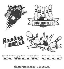 Bowling Club Logo Vector Set In Vintage Style. Design Elements, Labels, Badges And Emblems. Strike, Balls, Ninepins.