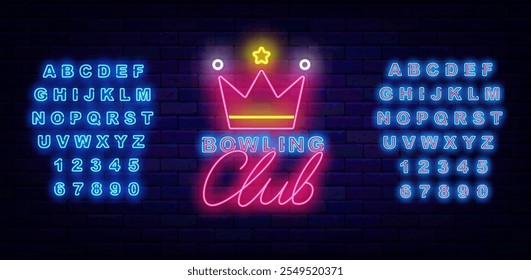 Rótulo de neon do clube de boliche. Coroa real. Sinal de vitória esportiva na parede de tijolos. Ilustração de estoque vetorial