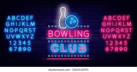 Bowling club neon label. Sport championship sign on brick wall. Shiny blue alphabet. Vector stock illustration