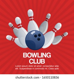 Bowling club on retro red background vector poster illustration. Ball crashing into the white glossy skittles. Sport bowling theme poster with typography. Bowling sportive games club.