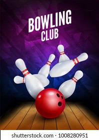 Bowling club poster with ball and bowling pins. Vector leisure background template.