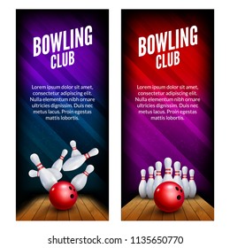 Bowling club poster with ball and bowling pins. Vector background template.