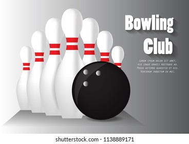 Bowling club poster with ball and bowling pins. Vector design template.illustration eps.10