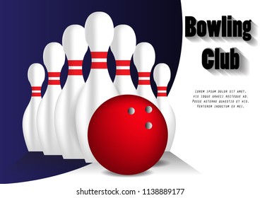 Bowling club poster with ball and bowling pins. Vector design template.illustration eps.10