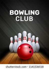 Bowling club poster with ball and bowling pins. Vector background template.